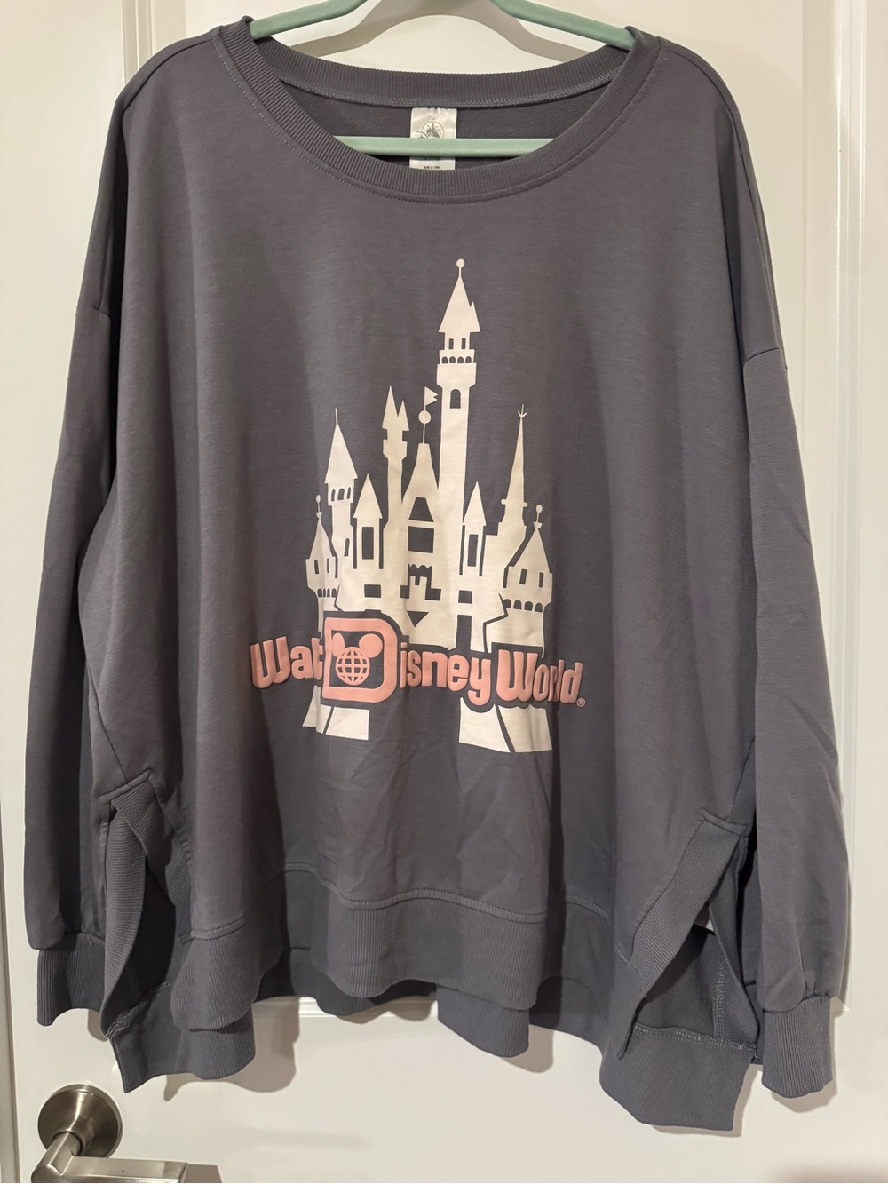 Disney Charcoal Crewneck Sweatshirt with White Castle and Pink Logo